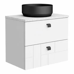 Venice Abstract 600 White Vanity - Wall Hung 2-Drawer Unit W. White Worktop, Round Matt Black Basin & Handles