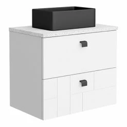 Venice Abstract 600 White Vanity - Wall Hung 2-Drawer Unit W. White Worktop, Rectangular Matt Black Basin & Handles