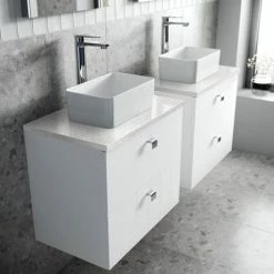 Venice Abstract 600mm White Vanity Unit - Wall Hung 2 Drawer Unit With White Worktop & Chrome Handles -Venice shop VWH6WHIWHI D2 460