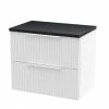 Venice Fluted 600mm White Vanity Unit - Wall Hung 2 Drawer Unit With Black Worktop & Chrome Handles