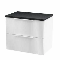 Venice Fluted 600mm White Vanity Unit - Wall Hung 2 Drawer Unit With Black Worktop & Chrome Handles