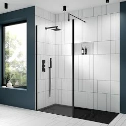 Venice Matt Black Outer Framed 8mm Wetroom Screen With Support Arm (1950mm High) - Various Sizes